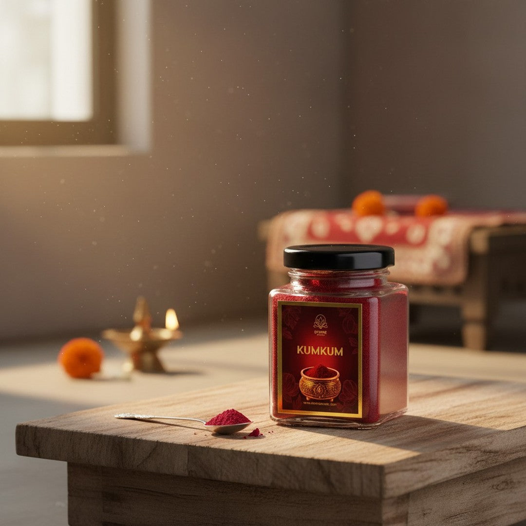 Kumkum powder jar with a spoon of kumkum for daily pooja - Divine Sansar