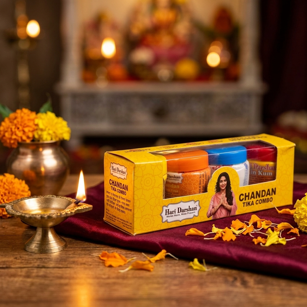 Hari Darshan Chandan Tika Combo in a home mandir with diya and marigold - Divine Sansar UAE