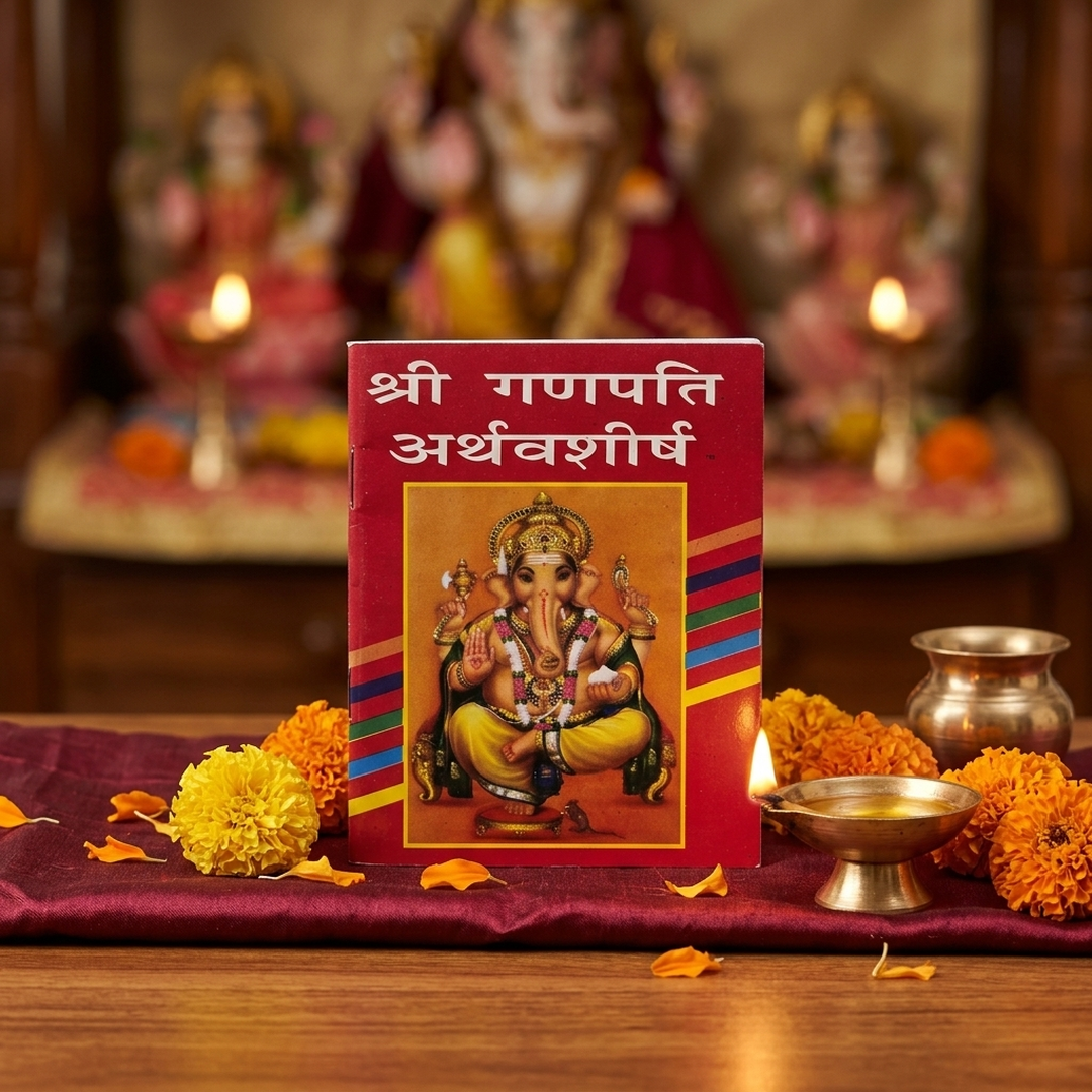 Ganpati Atharvashirsha booklet on pooja altar with diya and marigolds - Divine Sansar