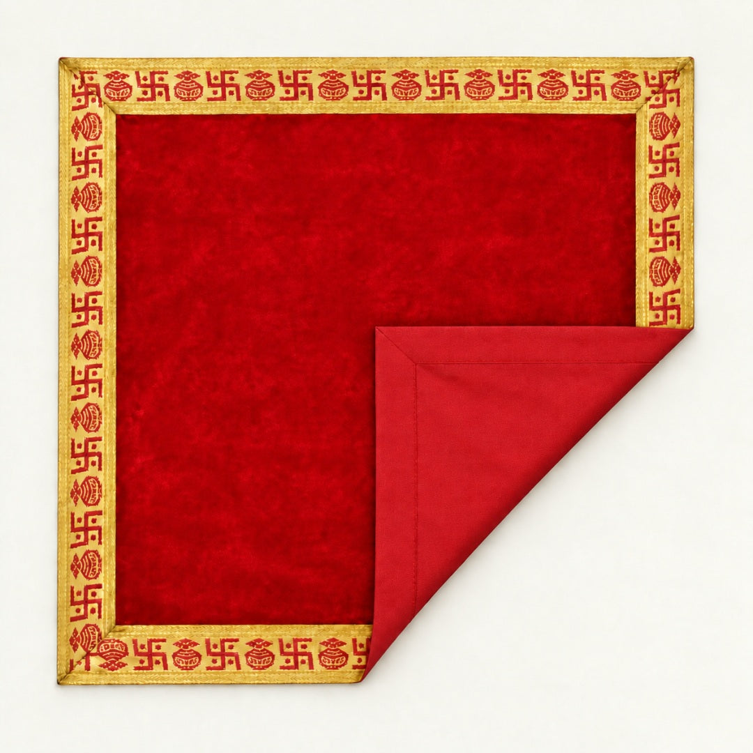 Red velvet pooja aasan folded to show the matching cotton back - Divine Sansar