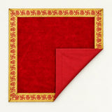 Red velvet pooja aasan folded to show the matching cotton back - Divine Sansar
