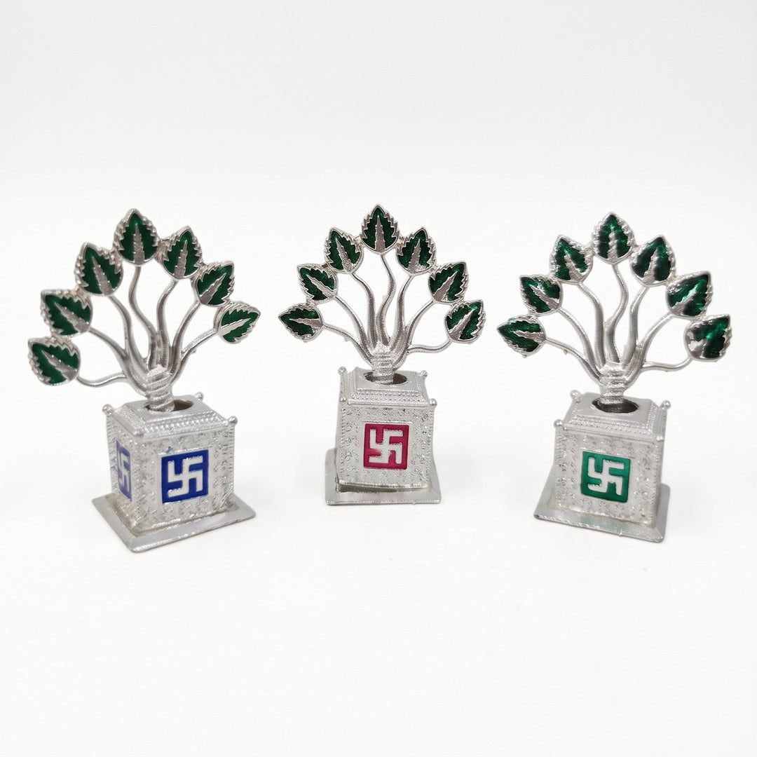 Silver metal Tulsi plants with blue, red and green Swastik base - Divine Sansar