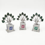 Silver metal Tulsi plants with blue, red and green Swastik base - Divine Sansar