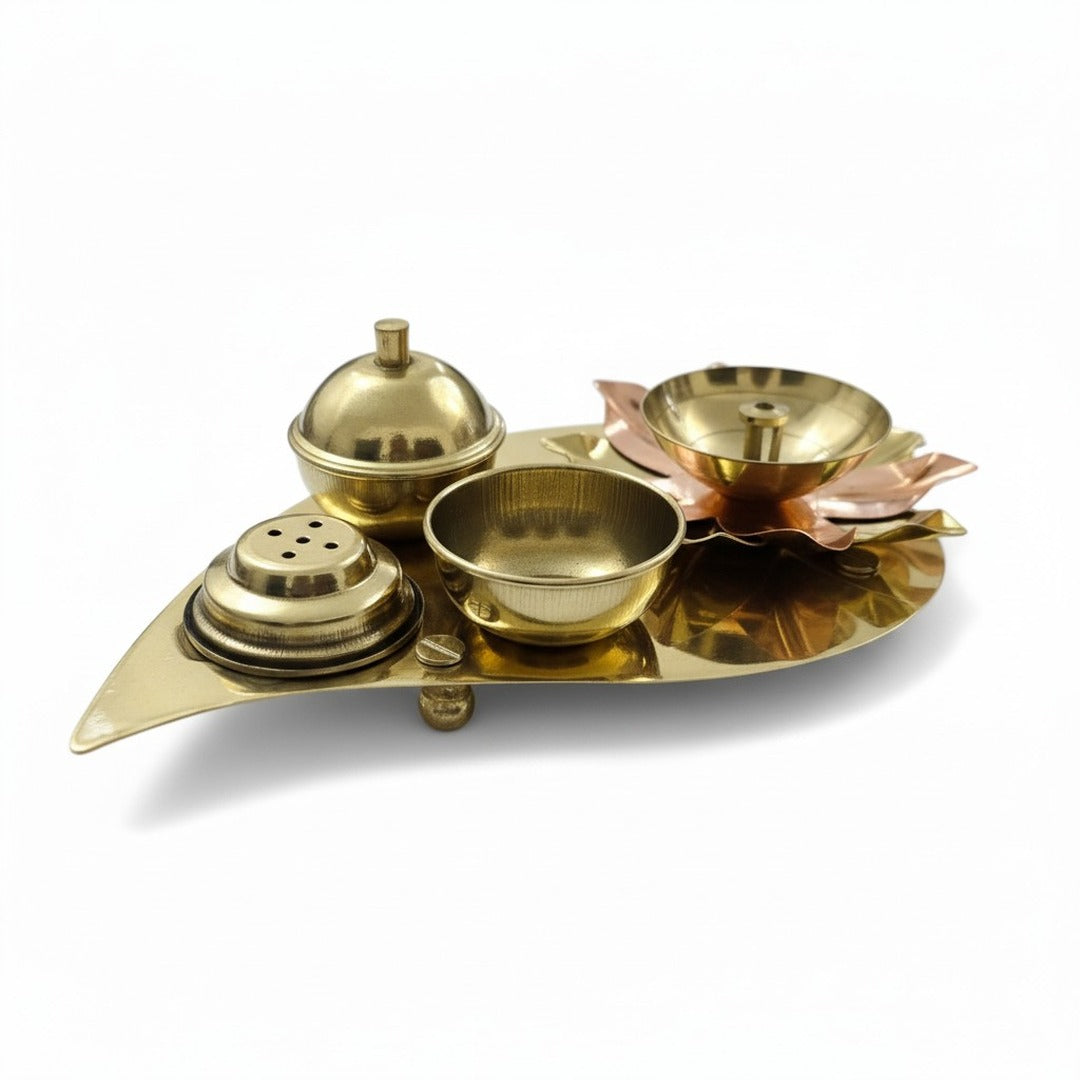 Side view of brass lotus diya pooja set with copper-plated petals and agarbatti stand - Divine Sansar