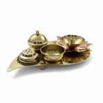 Side view of brass lotus diya pooja set with copper-plated petals and agarbatti stand - Divine Sansar