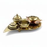 Side view of brass lotus diya pooja set with copper-plated petals and agarbatti stand - Divine Sansar