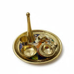 Brass pooja thali set assembled on the cow and calf thali, ready for aarti - Divine Sansar