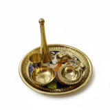 Brass pooja thali set assembled on the cow and calf thali, ready for aarti - Divine Sansar