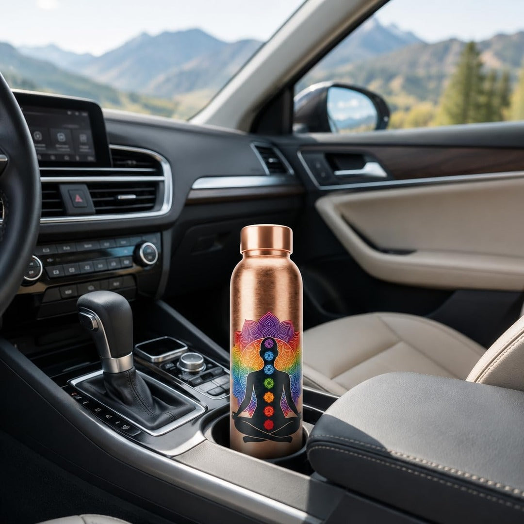 7 Chakra copper water bottle in a car cup holder - Divine Sansar