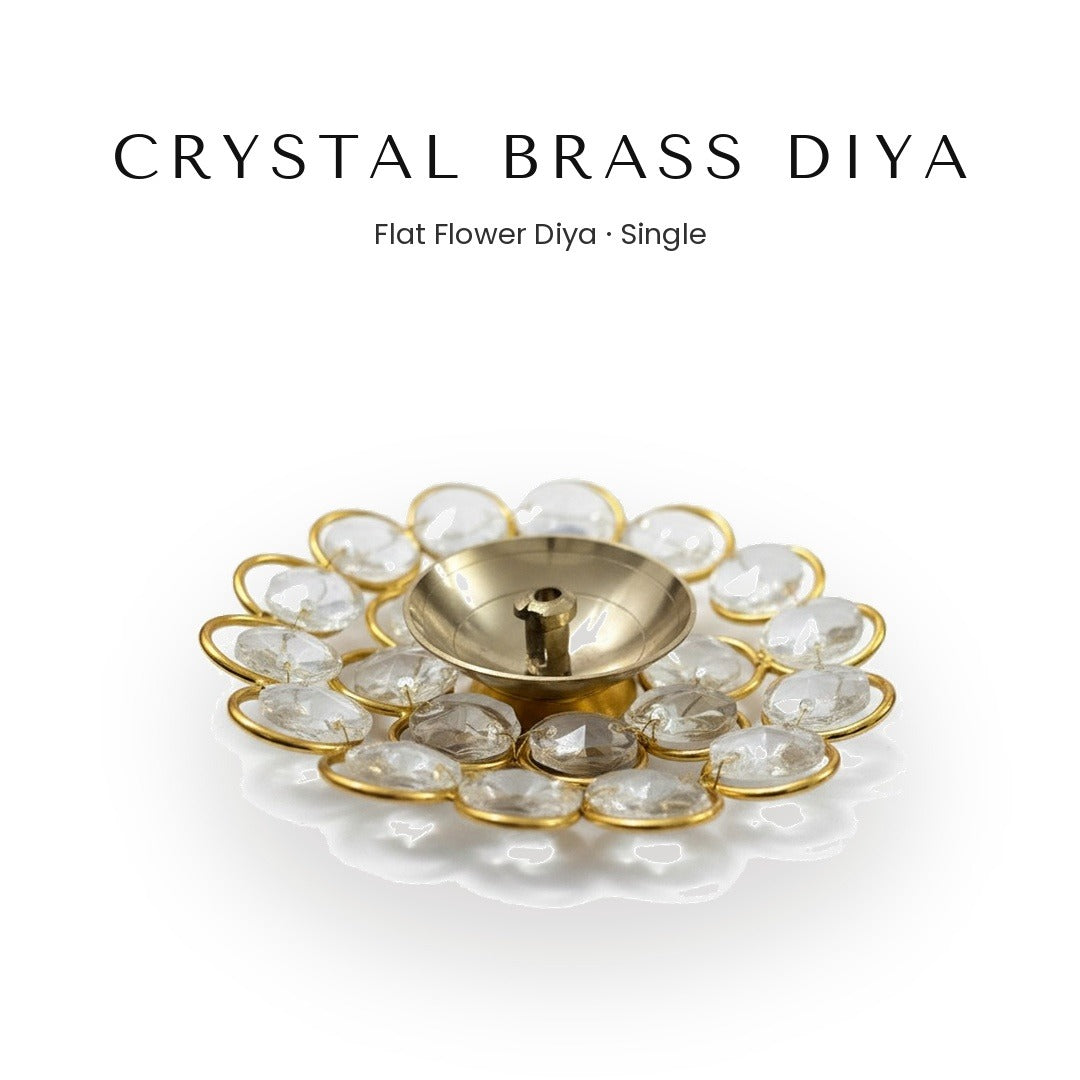 Single crystal brass diya flat flower deepam UAE - Divine Sansar