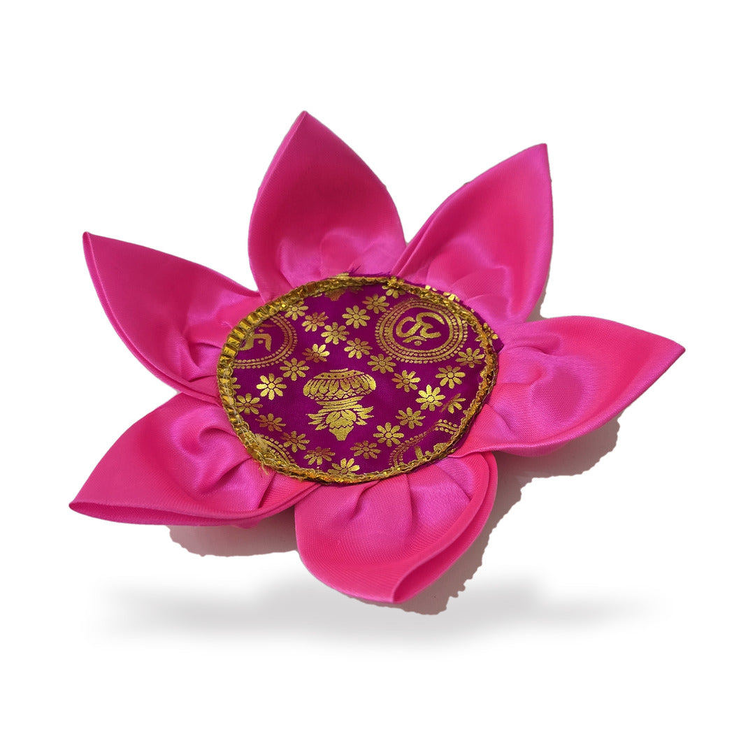 Side profile of the pink Divine Sansar Kamal Aasan showing the stitched satin lotus petals