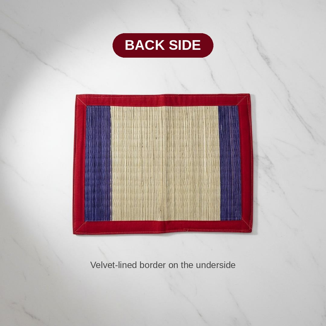 Back side of red border kusha aasan with velvet lined border - Divine Sansar