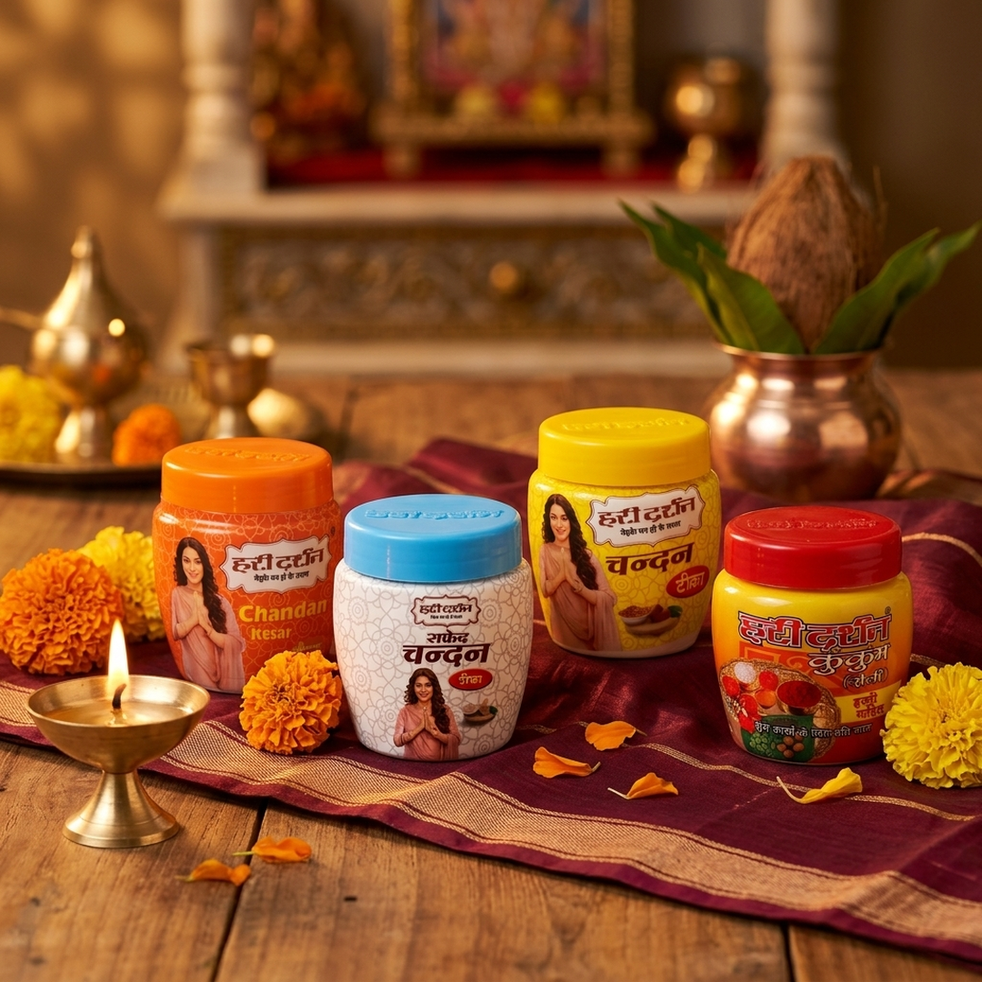 Chandan Kesar, White Chandan, Pure Chandan and Kumkum Roli tika jars for pooja - Divine Sansar