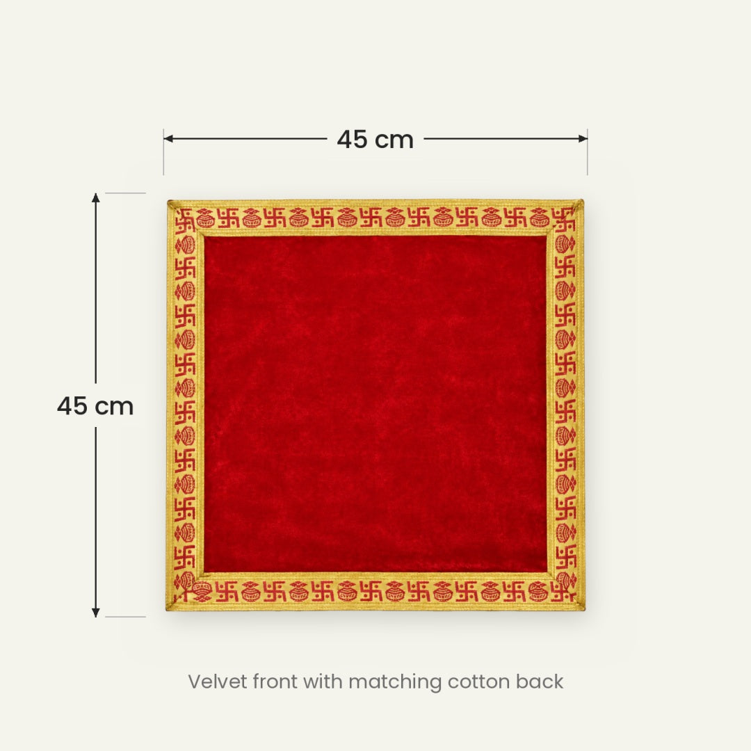 Red velvet pooja aasan size guide showing 45 cm by 45 cm - Divine Sansar