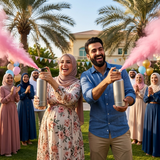 Couple firing pink gender reveal powder cannon at a UAE party - Divine Sansar