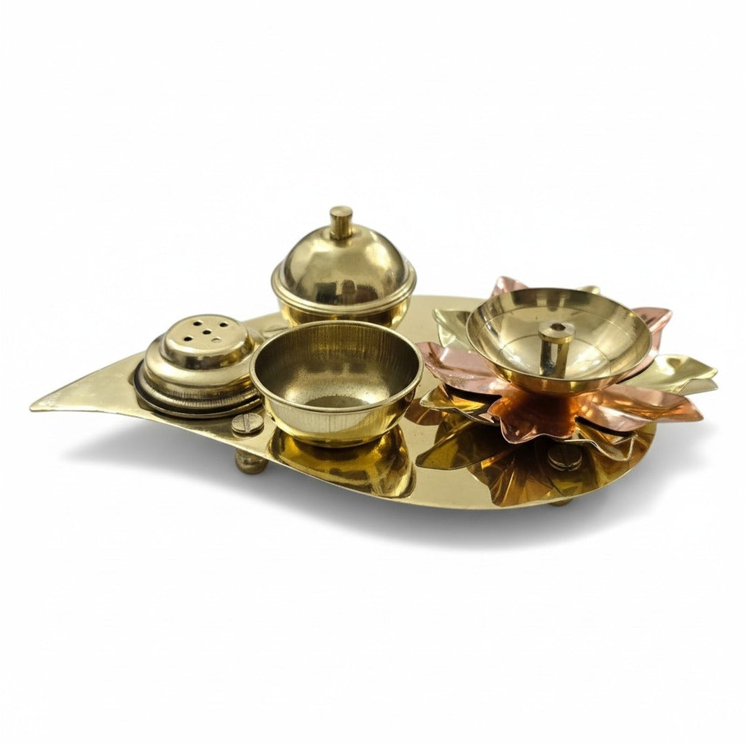 Brass lotus diya kumkum set on peepal leaf tray with ball feet, reverse view - Divine Sansar