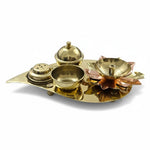 Brass lotus diya kumkum set on peepal leaf tray with ball feet, reverse view - Divine Sansar