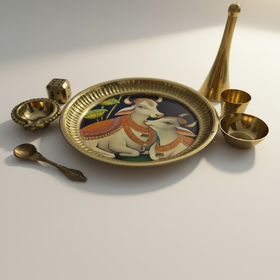 Cow and calf pooja thali with brass ghanti, diya and katori - Divine Sansar UAE