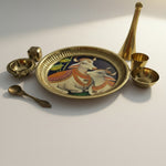 Cow and calf pooja thali with brass ghanti, diya and katori - Divine Sansar UAE