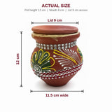 Clay karwa dimensions 12 cm tall, 11.5 cm wide, 9 cm lid - Divine Sansar