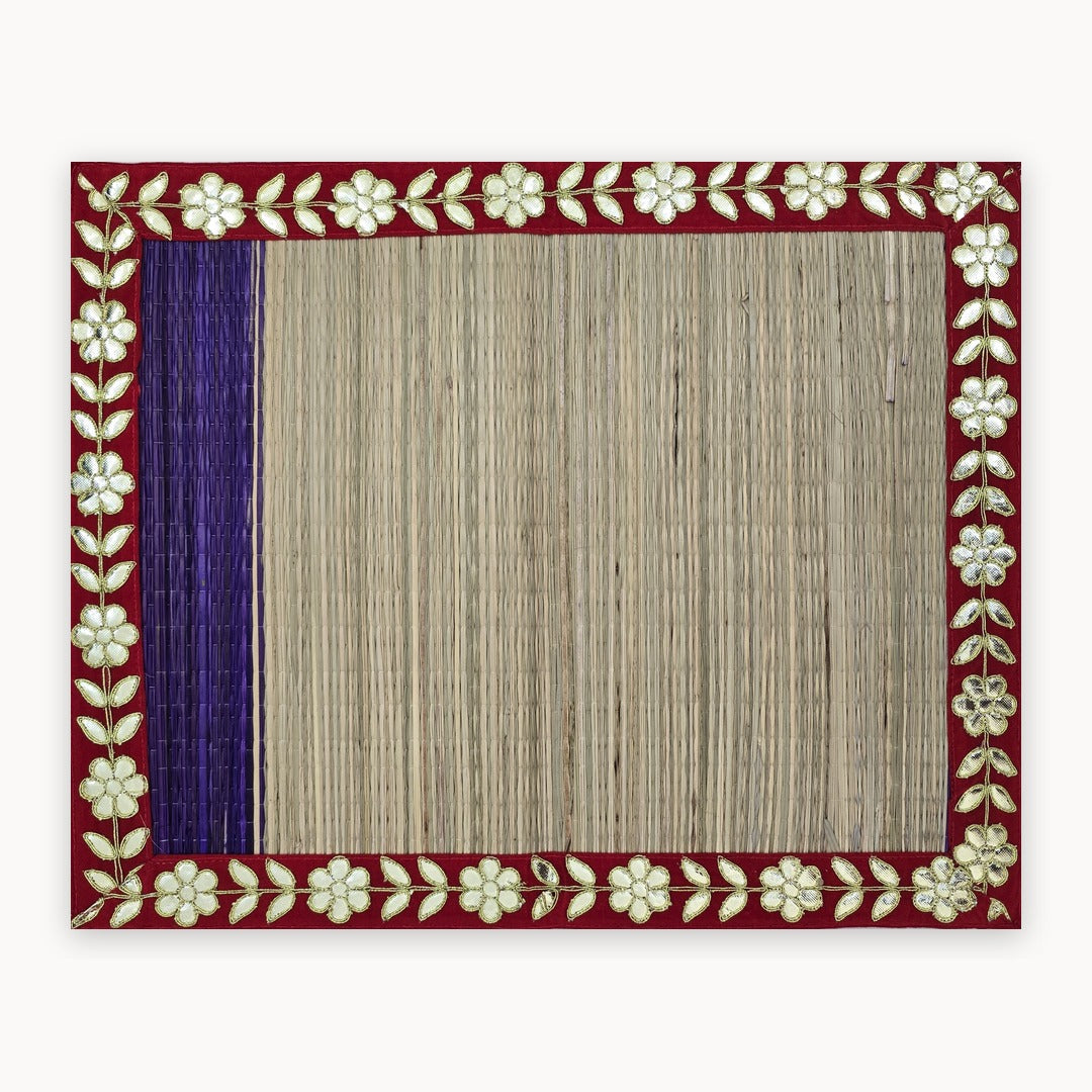 Kusha grass pooja mat with gold gota flower border, flat front view - Divine Sansar