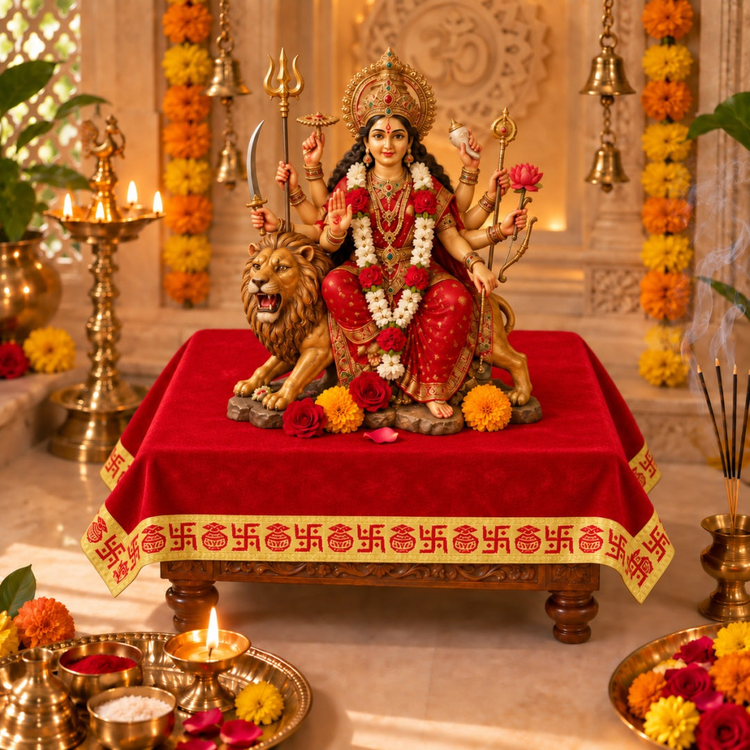 Red velvet pooja aasan on a chowki under Durga idol in a home mandir - Divine Sansar