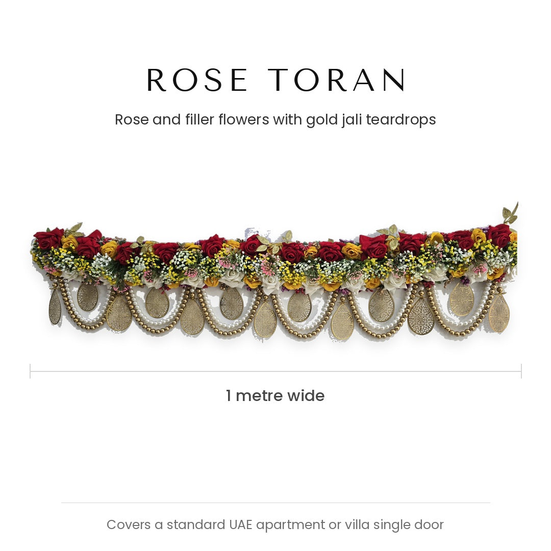 Divine Sansar rose flower toran measurements - 1 metre wide, covers a standard UAE door