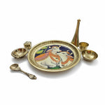 7 piece brass pooja thali set with Pichwai cow and calf centre - Divine Sansar