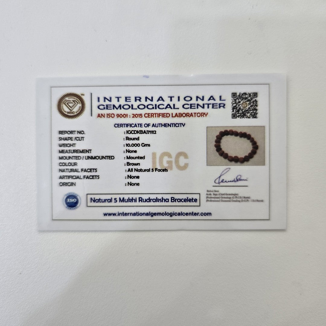 IGC lab-tested certificate for Natural 5 Mukhi Rudraksha bracelet - Divine Sansar