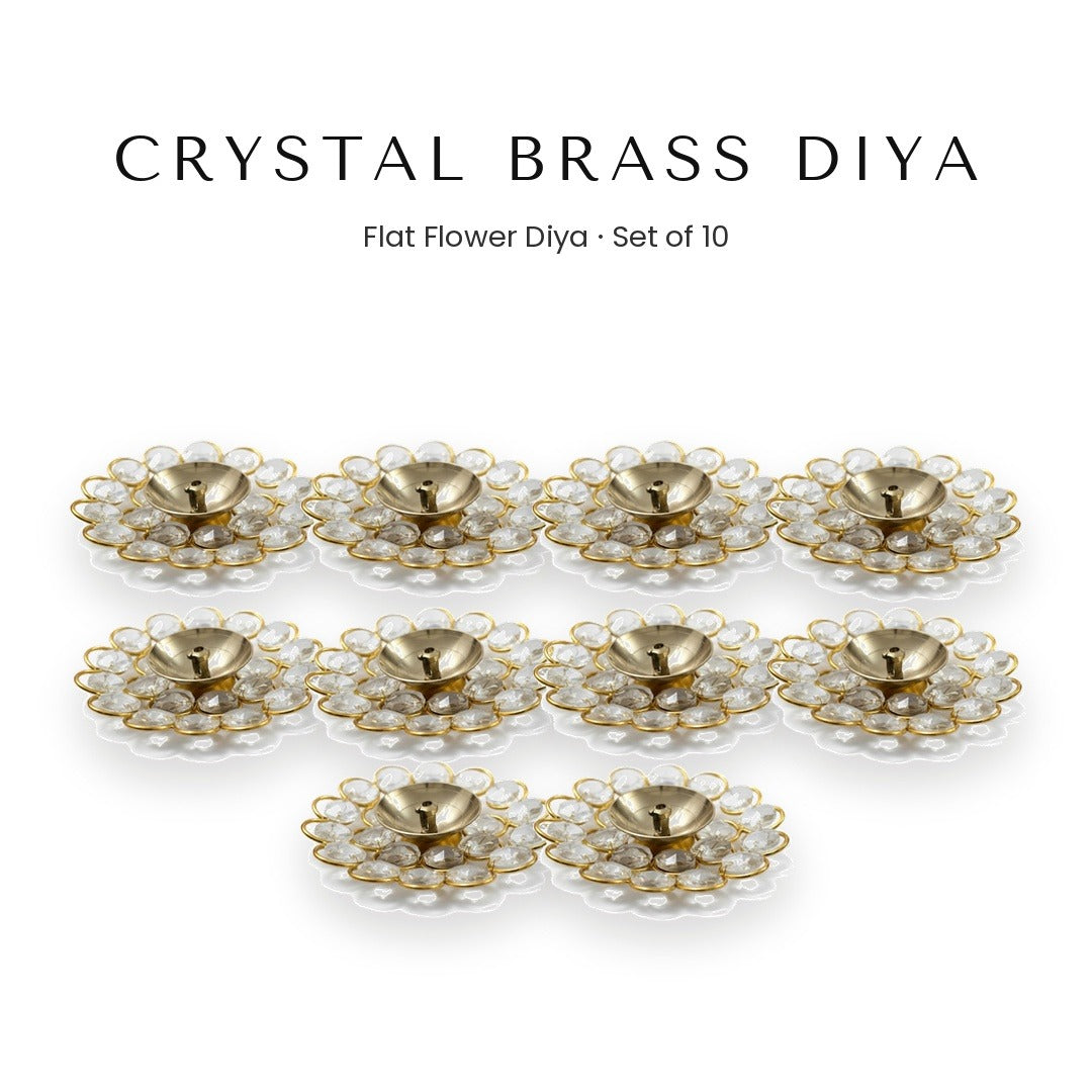 Set of 10 crystal brass diyas for Diwali and Navratri decor UAE - Divine Sansar