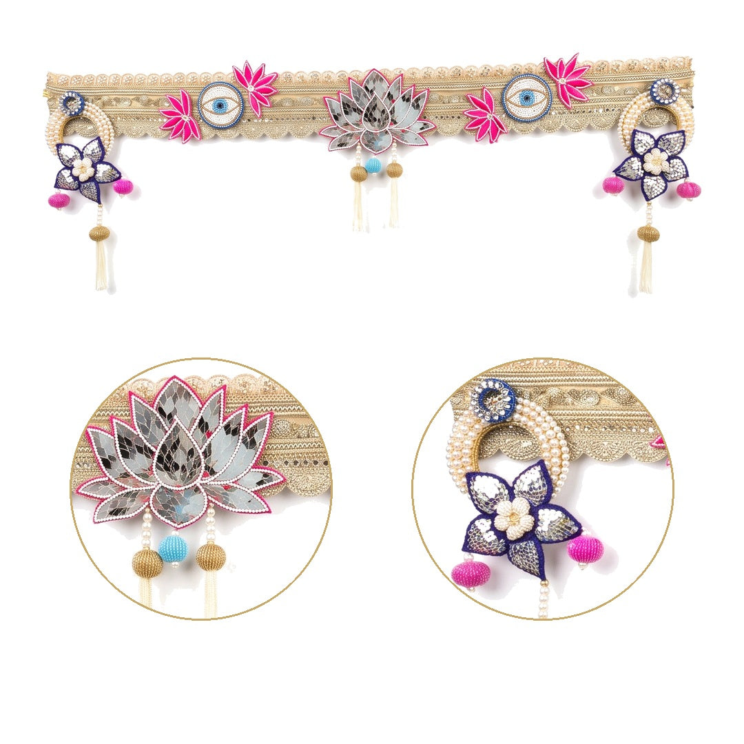 Centre mirror lotus and side beadwork close-ups on the Divine Sansar lotus and evil eye bandhanwar