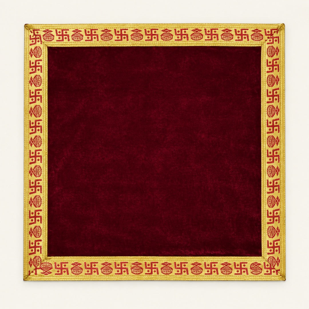 Maroon velvet pooja aasan cloth 45x45 cm with woven swastik border - Divine Sansar