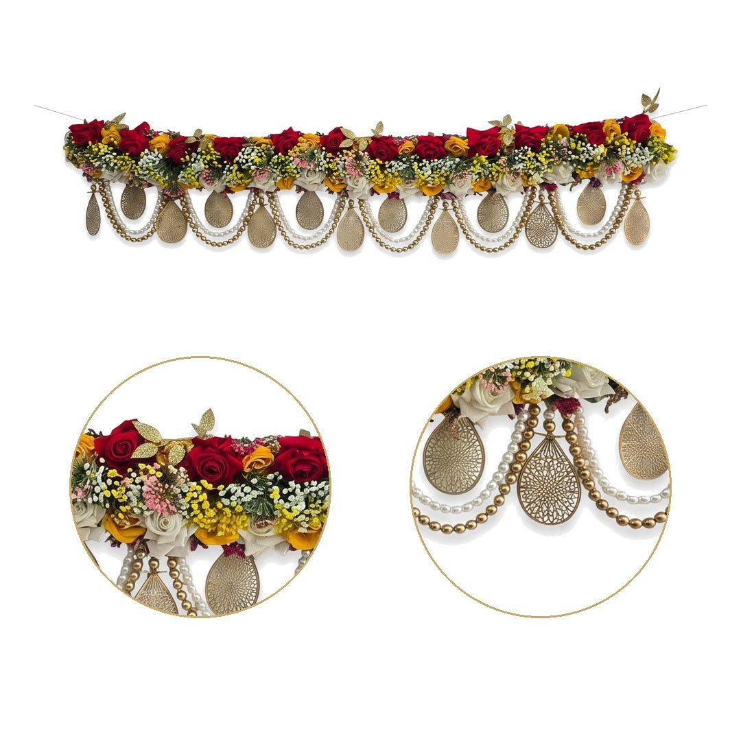 Centre rose bank and side gold jali teardrop close-ups on the Divine Sansar rose flower door toran