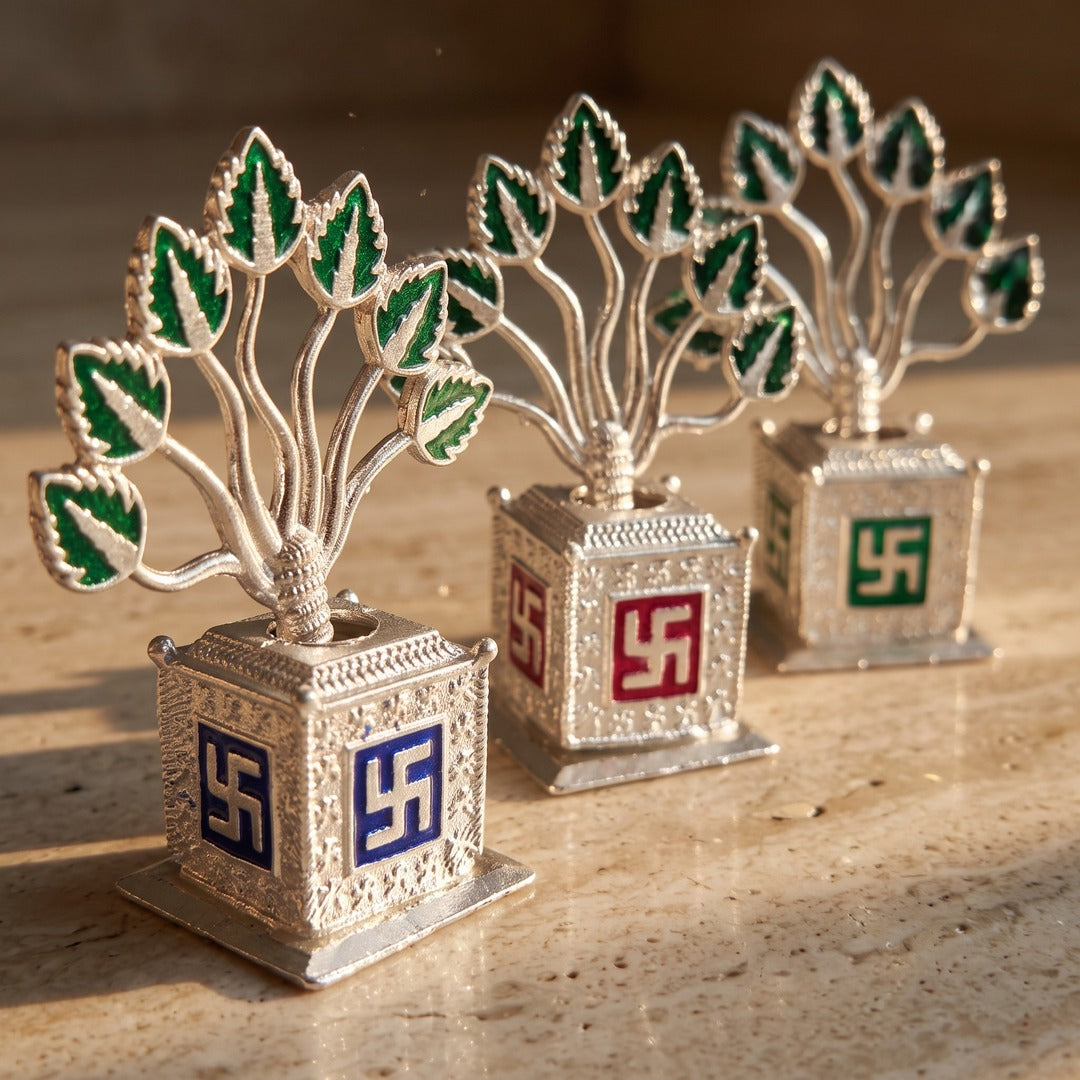 Set of silver metal Tulsi plants for Tulsi Vivah return gifts - Divine Sansar
