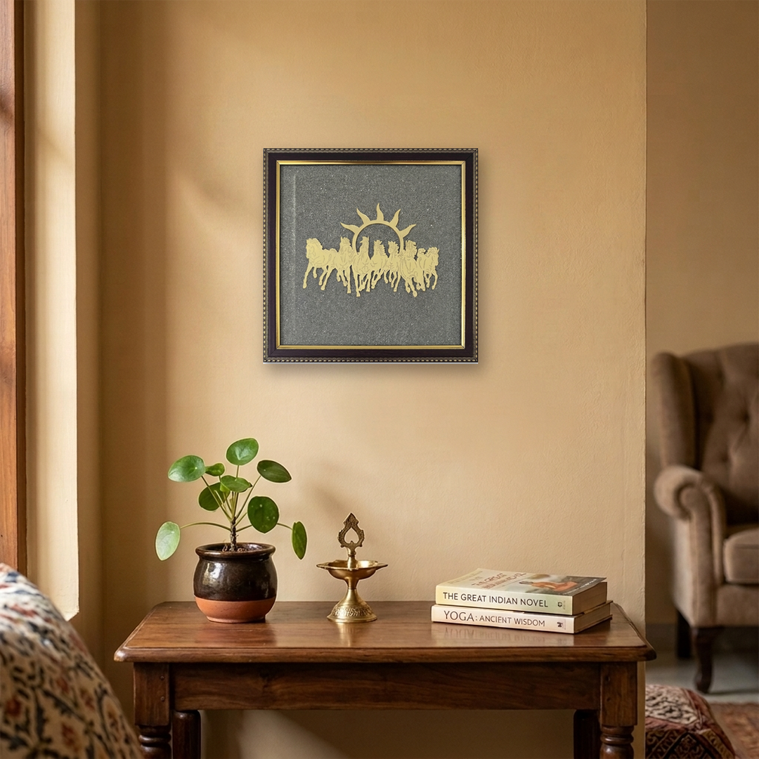 Divine Sansar Pyrite Stone Frame with Vastu Seven Running Horses & Sun