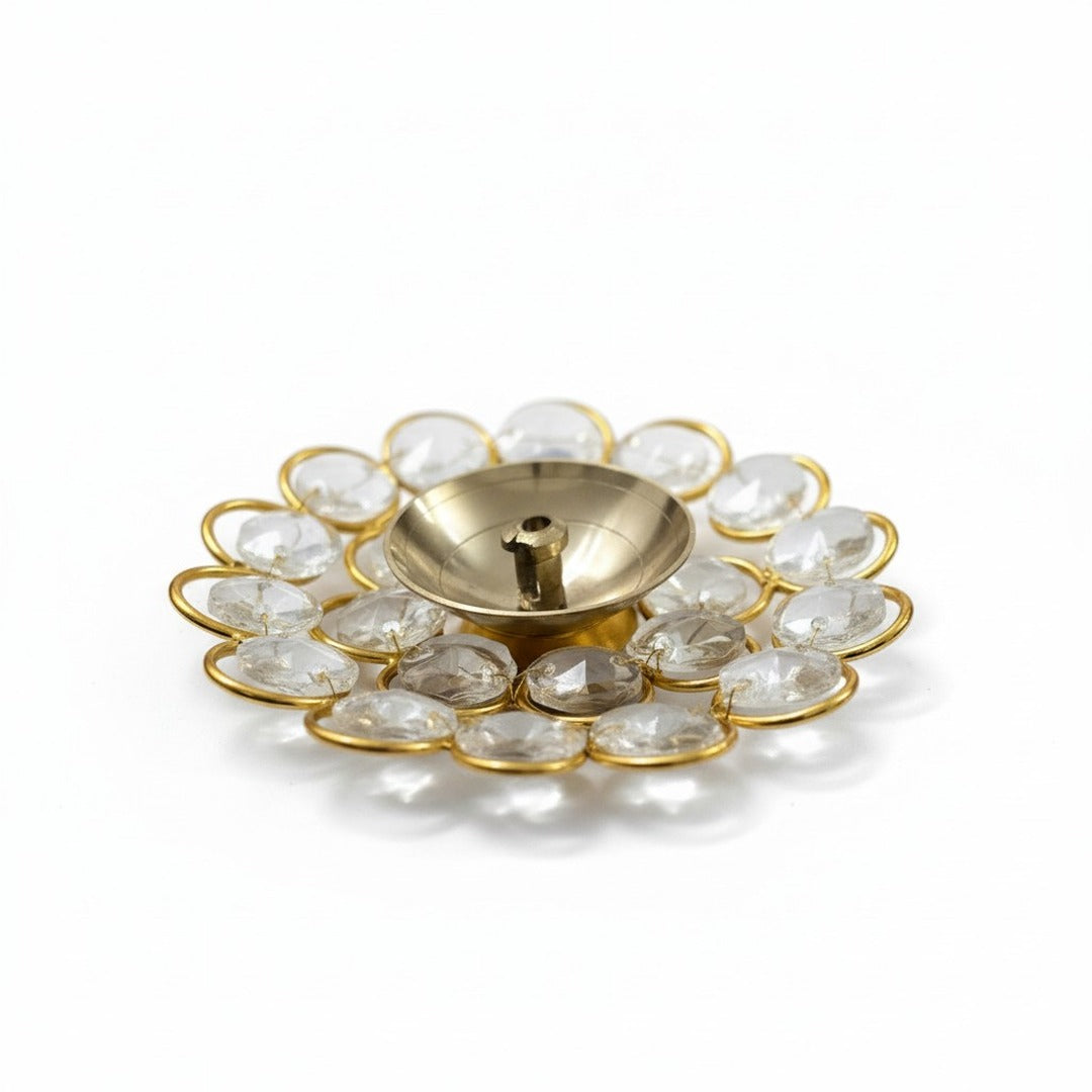 Crystal brass diya with acrylic crystals and gold-plated wire on white - Divine Sansar