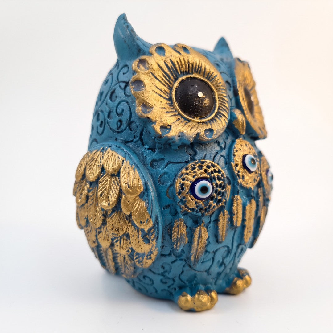 Blue evil eye owl figurine side angle - Divine Sansar