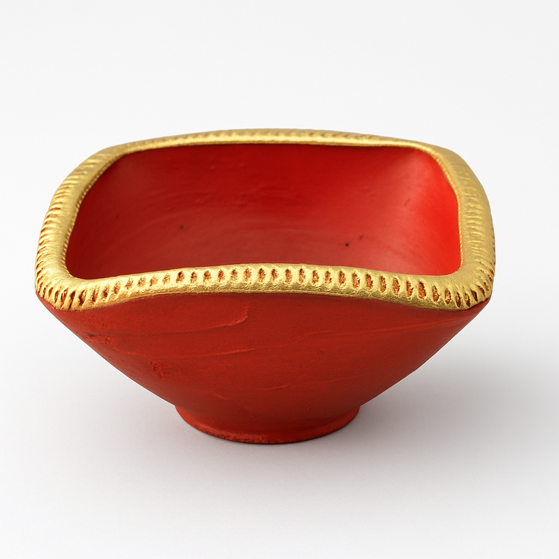 Divine Sansar chaumukhi Diya-A square-shaped clay diya painted in vibrant red with a textured, metallic golden rim against a white background.
