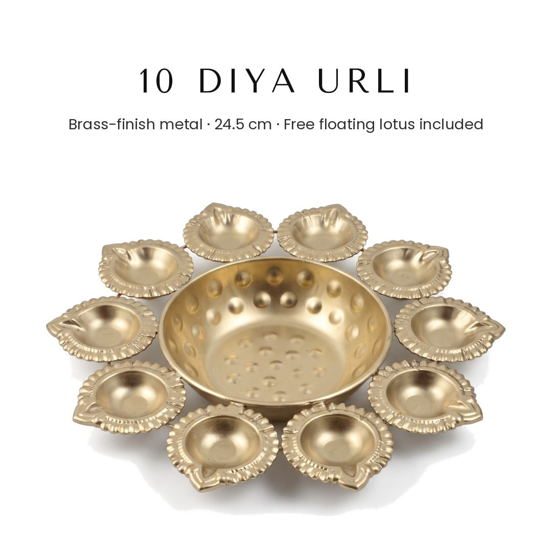 10 diya urli in brass finish metal with 12 cm centre bowl, 24.5 cm, Divine Sansar