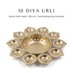 10 diya urli in brass finish metal with 12 cm centre bowl, 24.5 cm, Divine Sansar