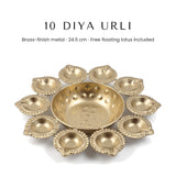 10 diya urli in brass finish metal with 12 cm centre bowl, 24.5 cm, Divine Sansar
