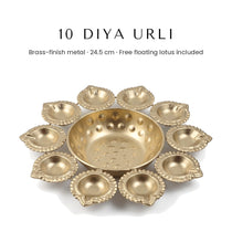 10 diya urli in brass finish metal with 12 cm centre bowl, 24.5 cm, Divine Sansar