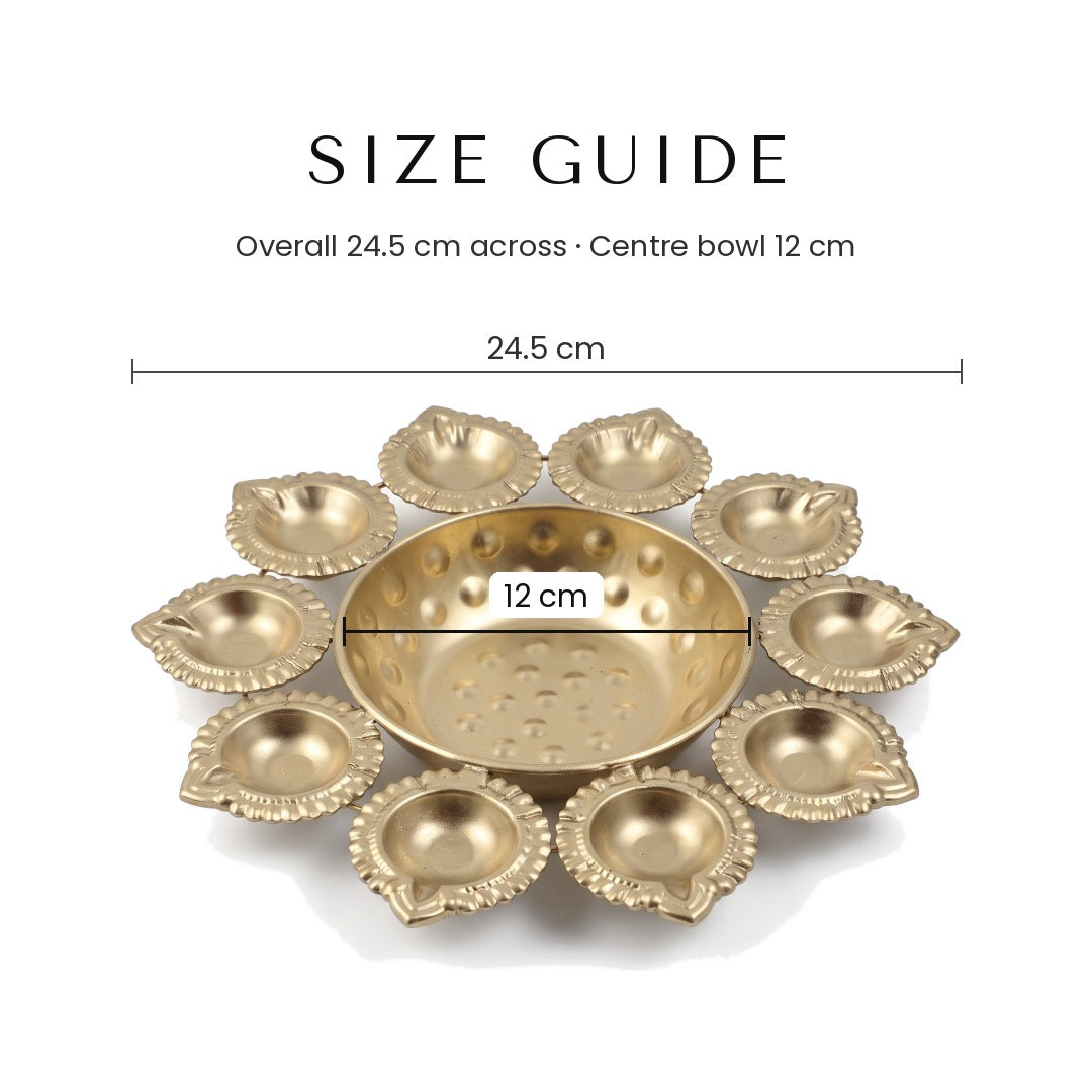 10 diya urli size guide, 24.5 cm overall and 12 cm centre bowl, Divine Sansar