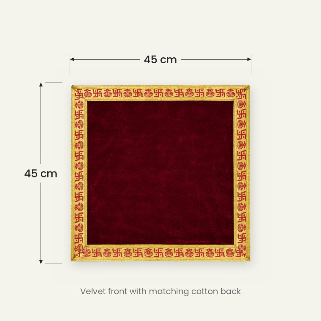 Maroon velvet pooja aasan size guide showing 45 cm by 45 cm - Divine Sansar
