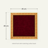 Maroon velvet pooja aasan size guide showing 45 cm by 45 cm - Divine Sansar