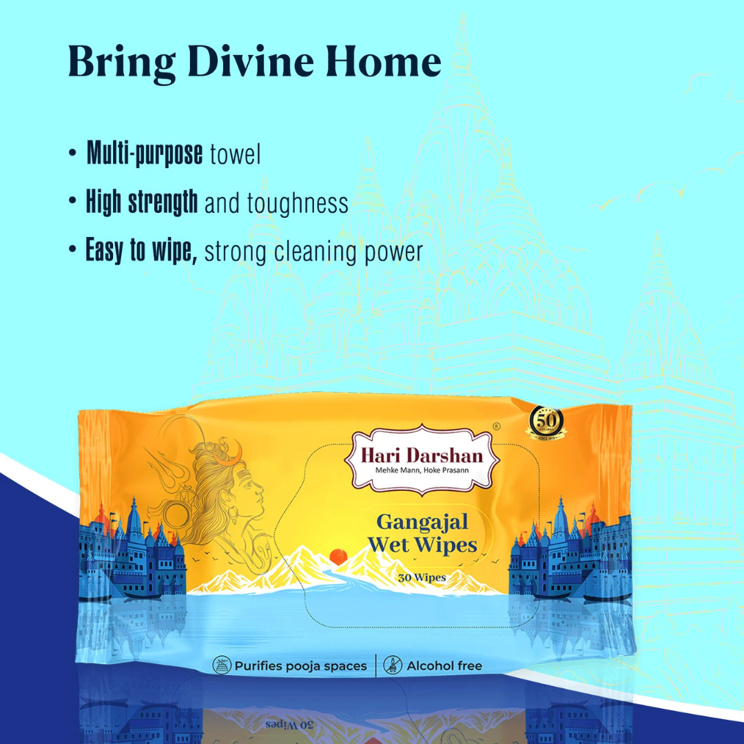 Divine Sansar Gangajal Wet Wipes  packaging with product features on a blue background