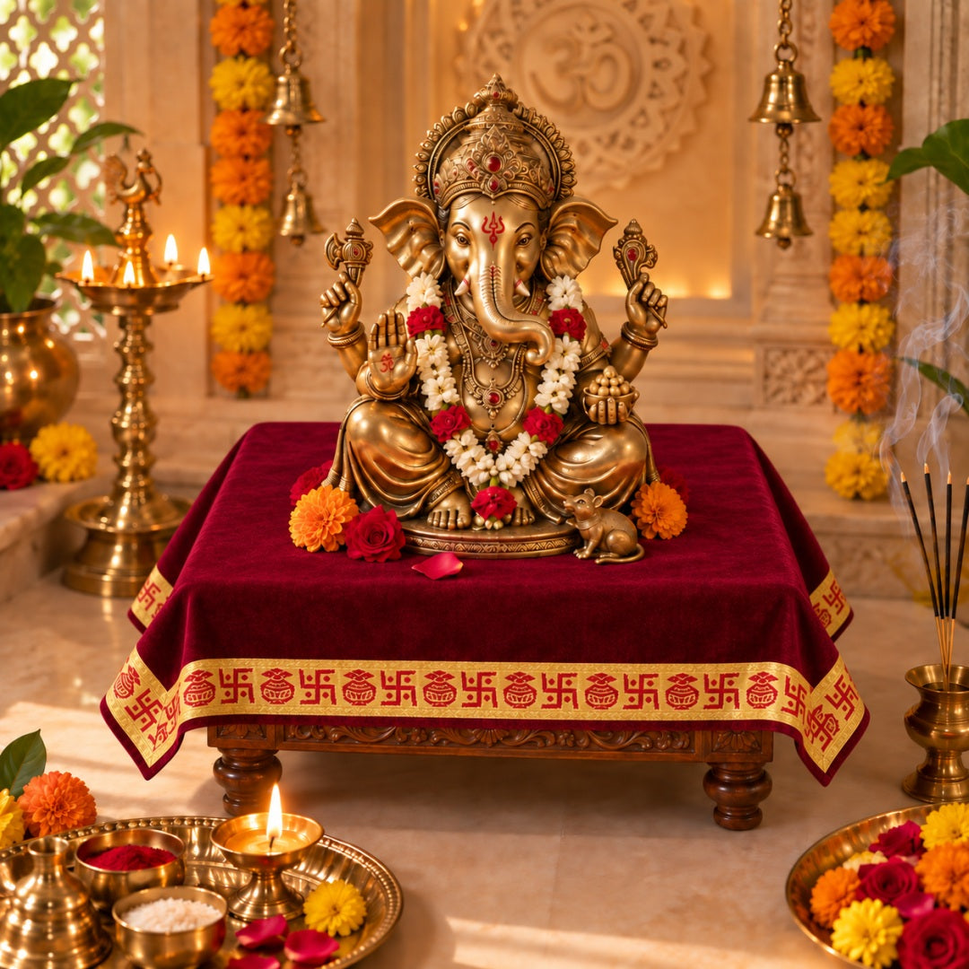 Maroon velvet pooja aasan on a chowki under Ganesh idol in a home mandir - Divine Sansar
