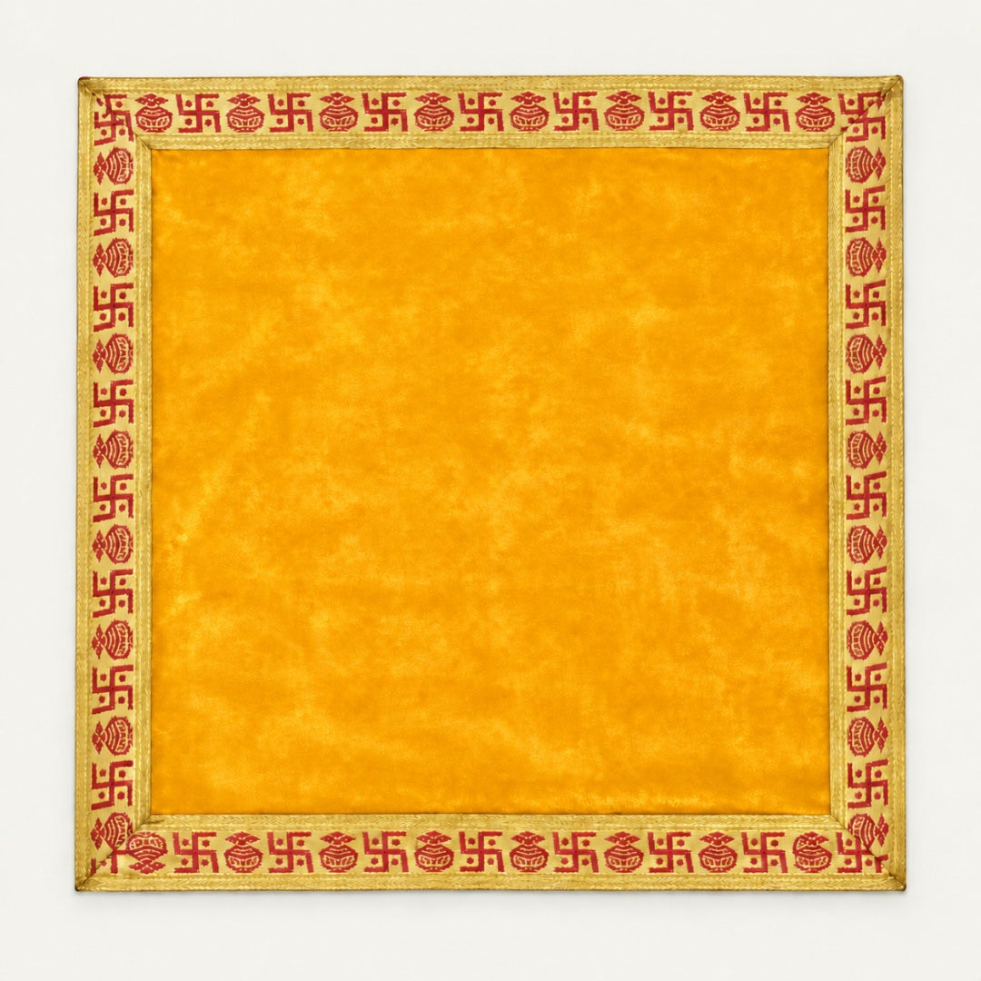 Yellow velvet pooja aasan cloth 45x45 cm with woven swastik border - Divine Sansar