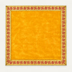 Yellow velvet pooja aasan cloth 45x45 cm with woven swastik border - Divine Sansar