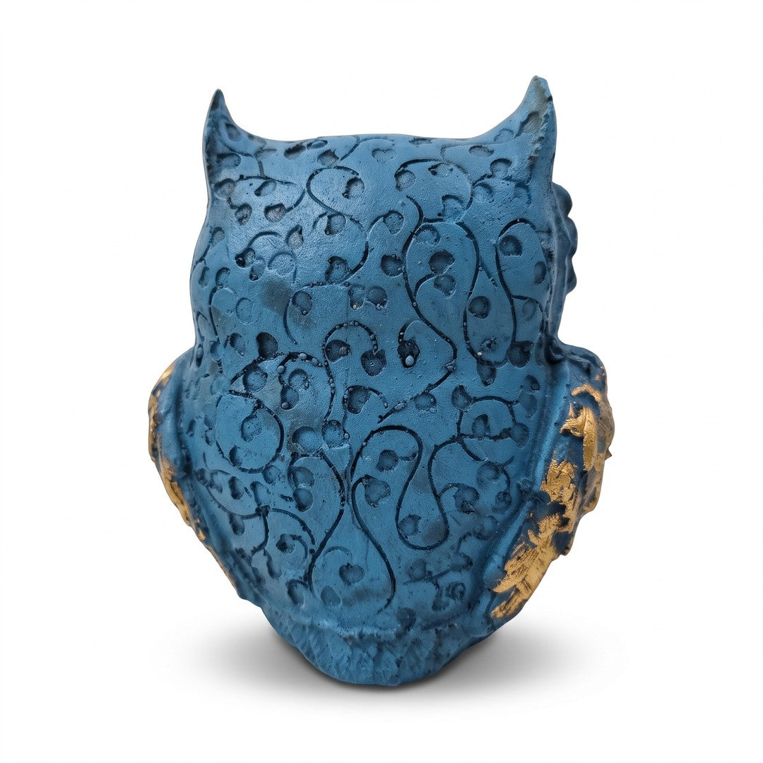 Back of blue evil eye owl statue showing carved scroll pattern - Divine Sansar